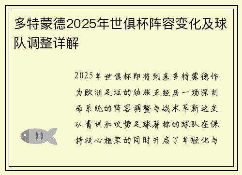 多特蒙德2025年世俱杯阵容变化及球队调整详解