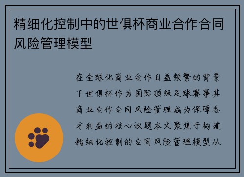 精细化控制中的世俱杯商业合作合同风险管理模型